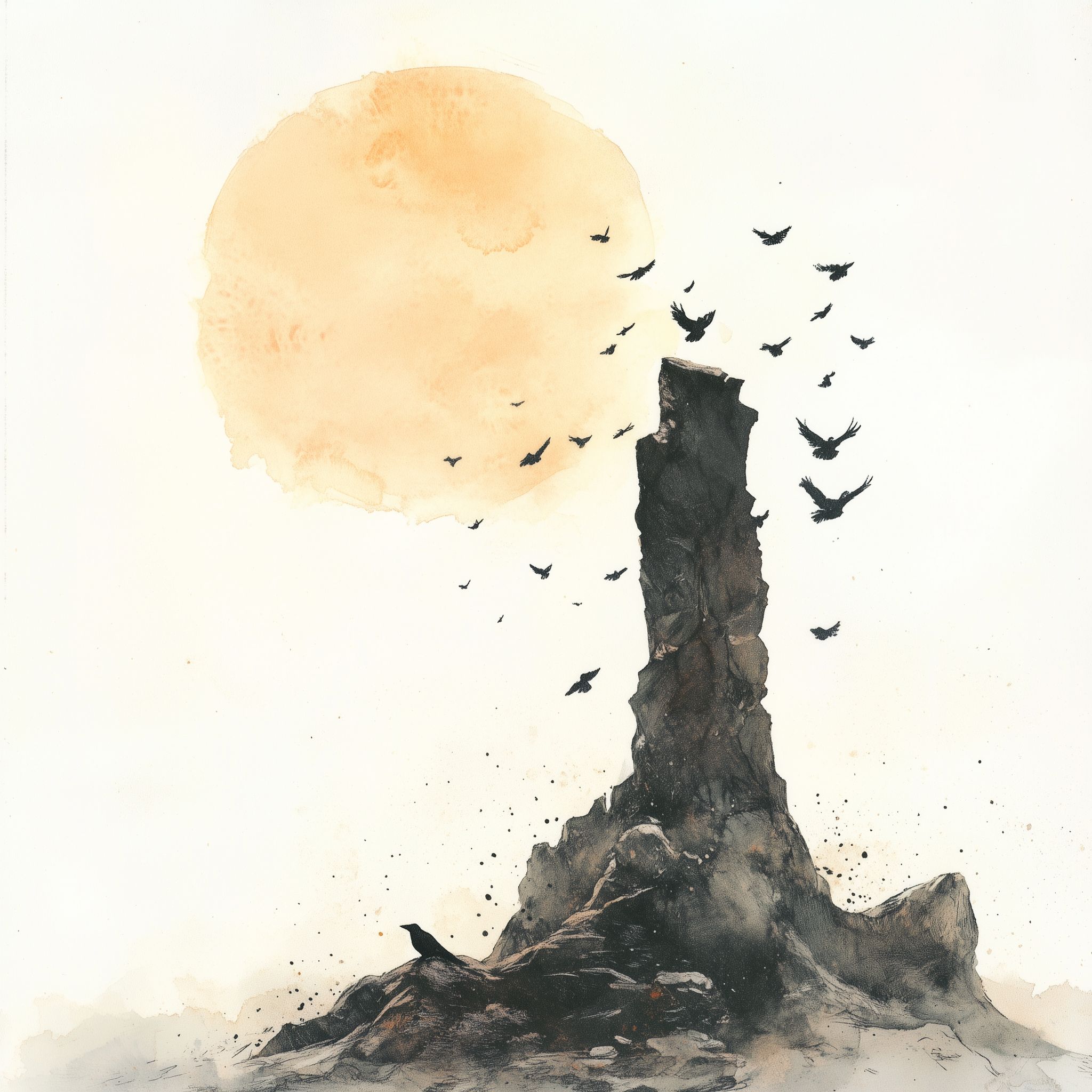 A flock of ravens circles a jagged rock spire beneath a hazy sun, wheeling in restless orbit — motion without destination, pursuit without end.