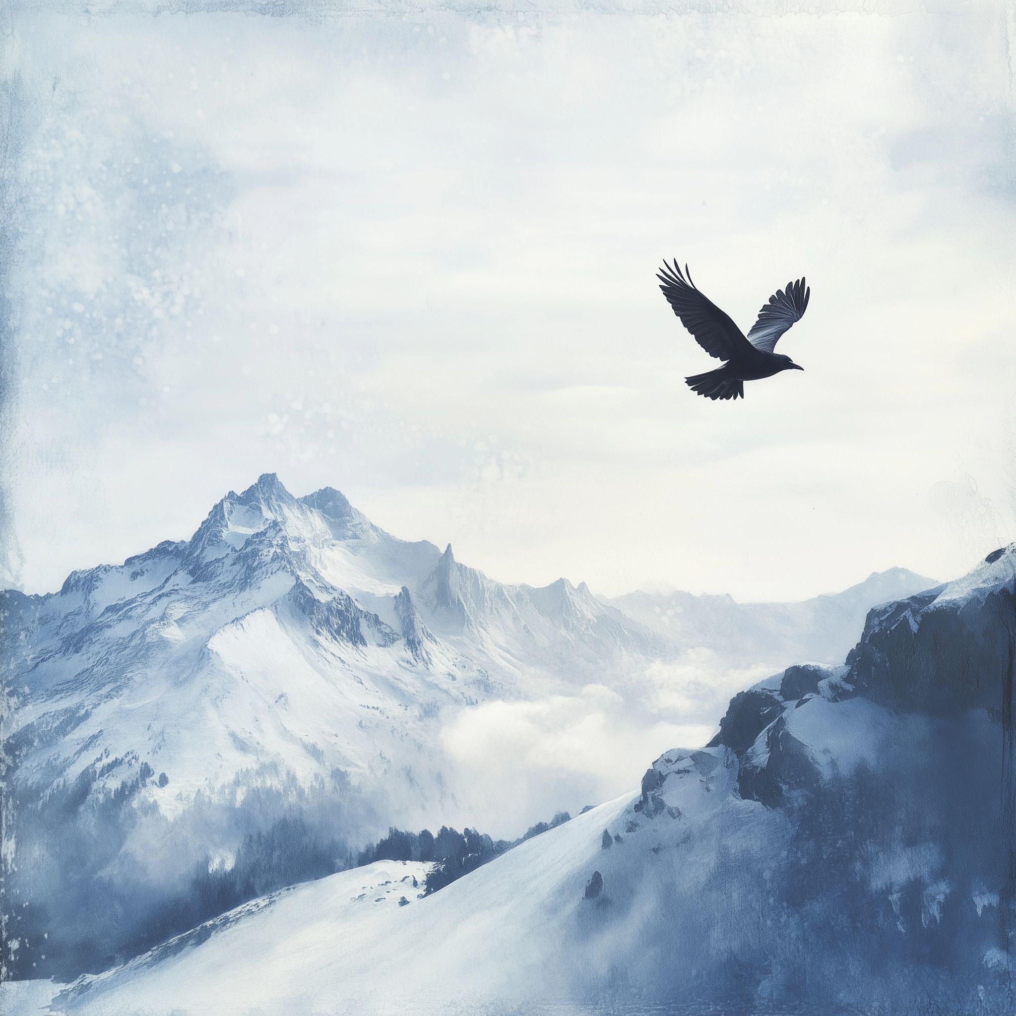 A raven crosses an expanse of snow-covered peaks, wings fully spread against a pale winter sky — moving beyond the last place anyone knew to look.