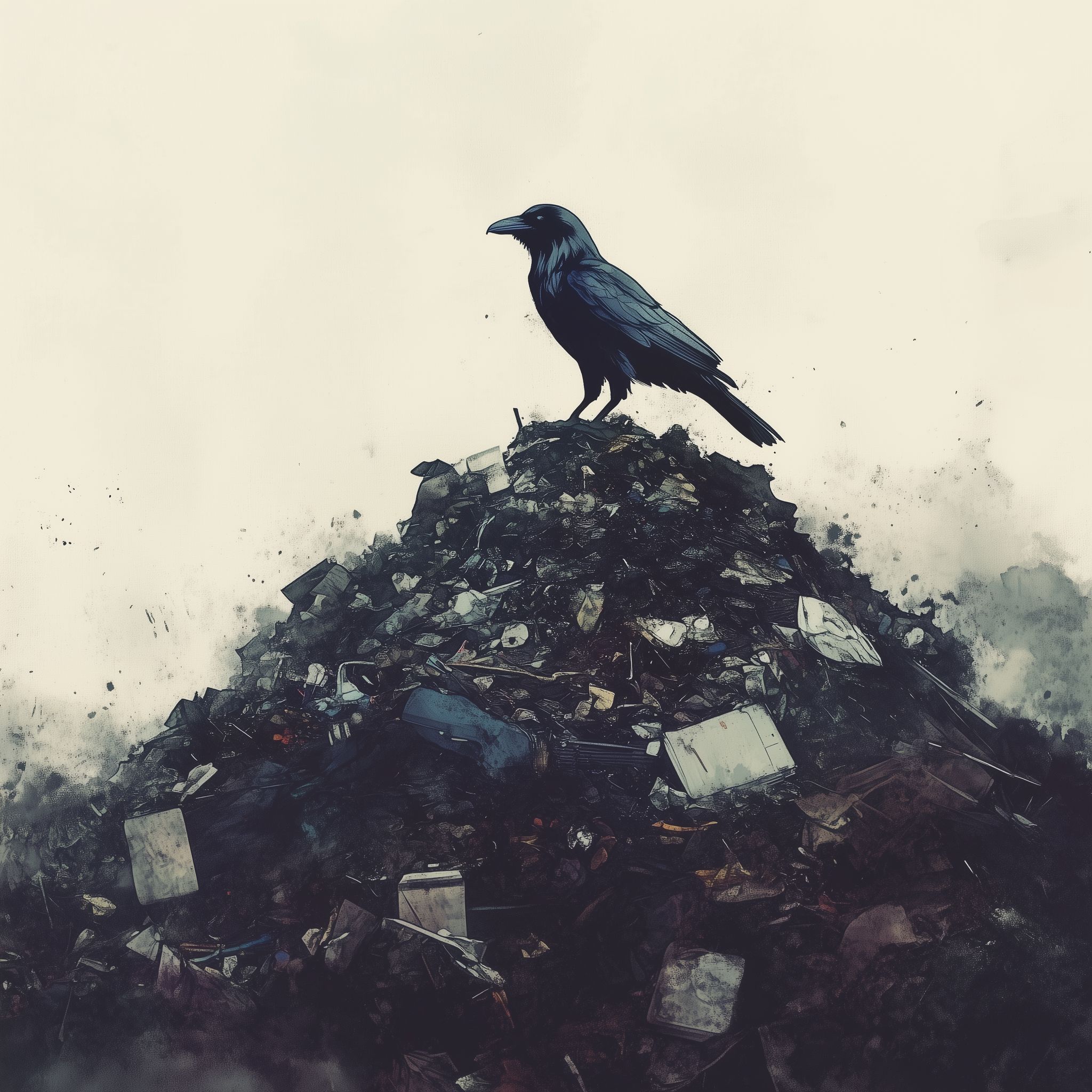 A raven perched atop a heap of discarded debris, starkly silhouetted against a pale, empty sky — something consumed, something still consuming.